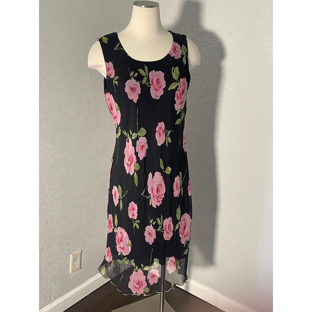 Componix Womens Pink Rose Floral Midi Dress Black Sleeveless Size L